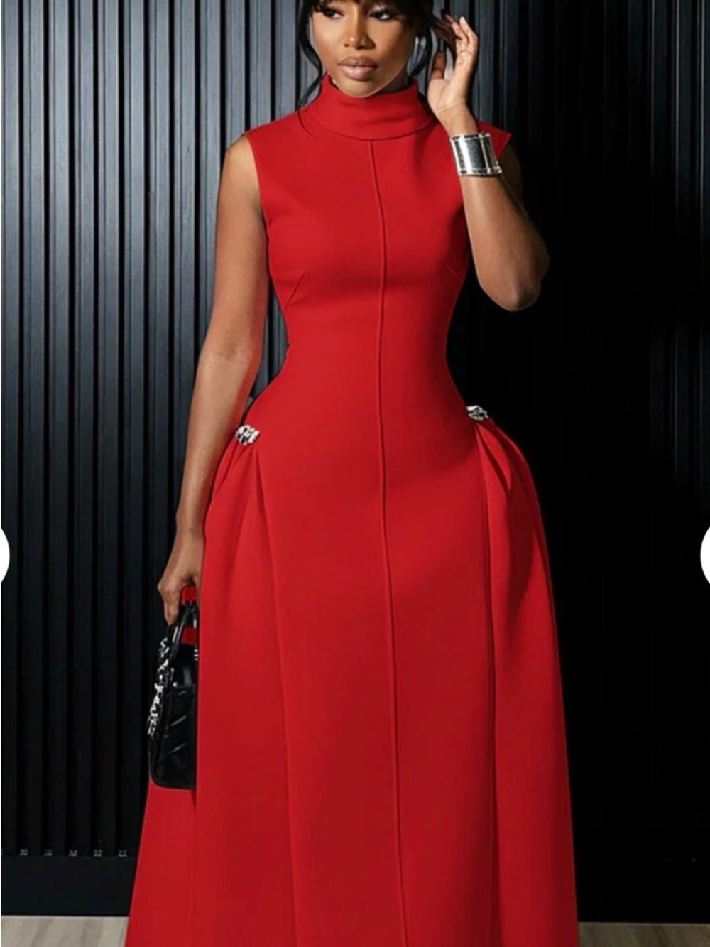 Sophisticated Red High-Neck Maxi Dress with Sculpted Silhouette
